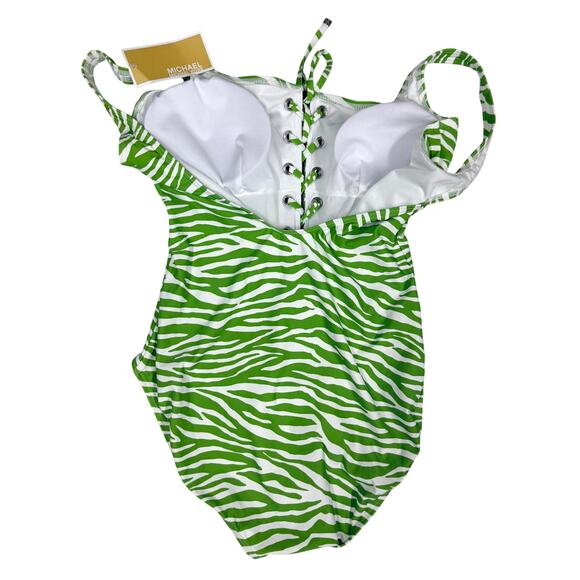 NWT Michael Kors Jungle Green Zebra Lace Up 1 Piece Swimsuit L Slimming Resort - Picture 3 of 4